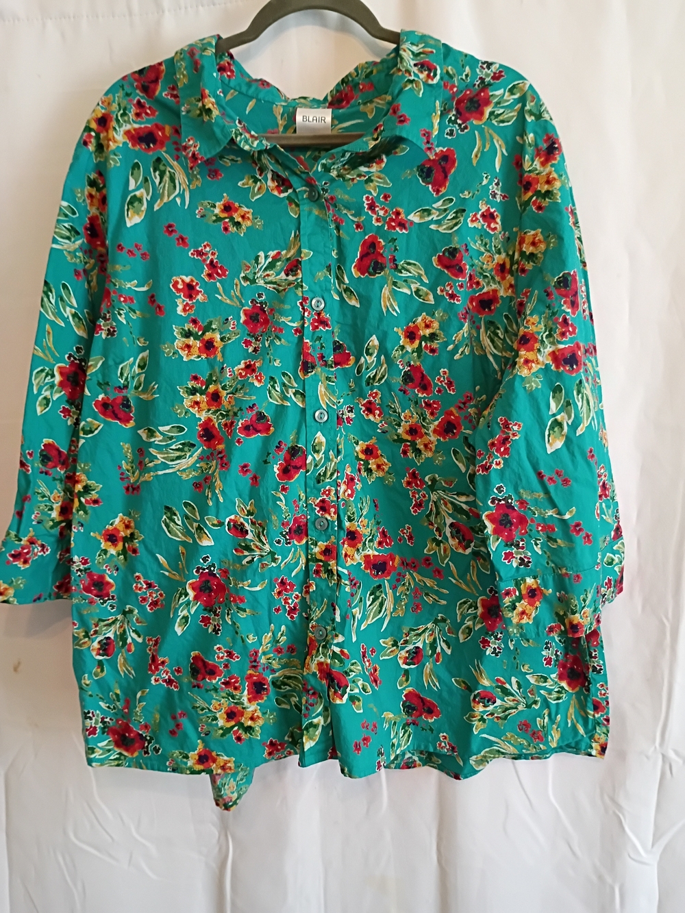 Blair Teal Floral Button-Down Shirt with Red & Yellow Flowers